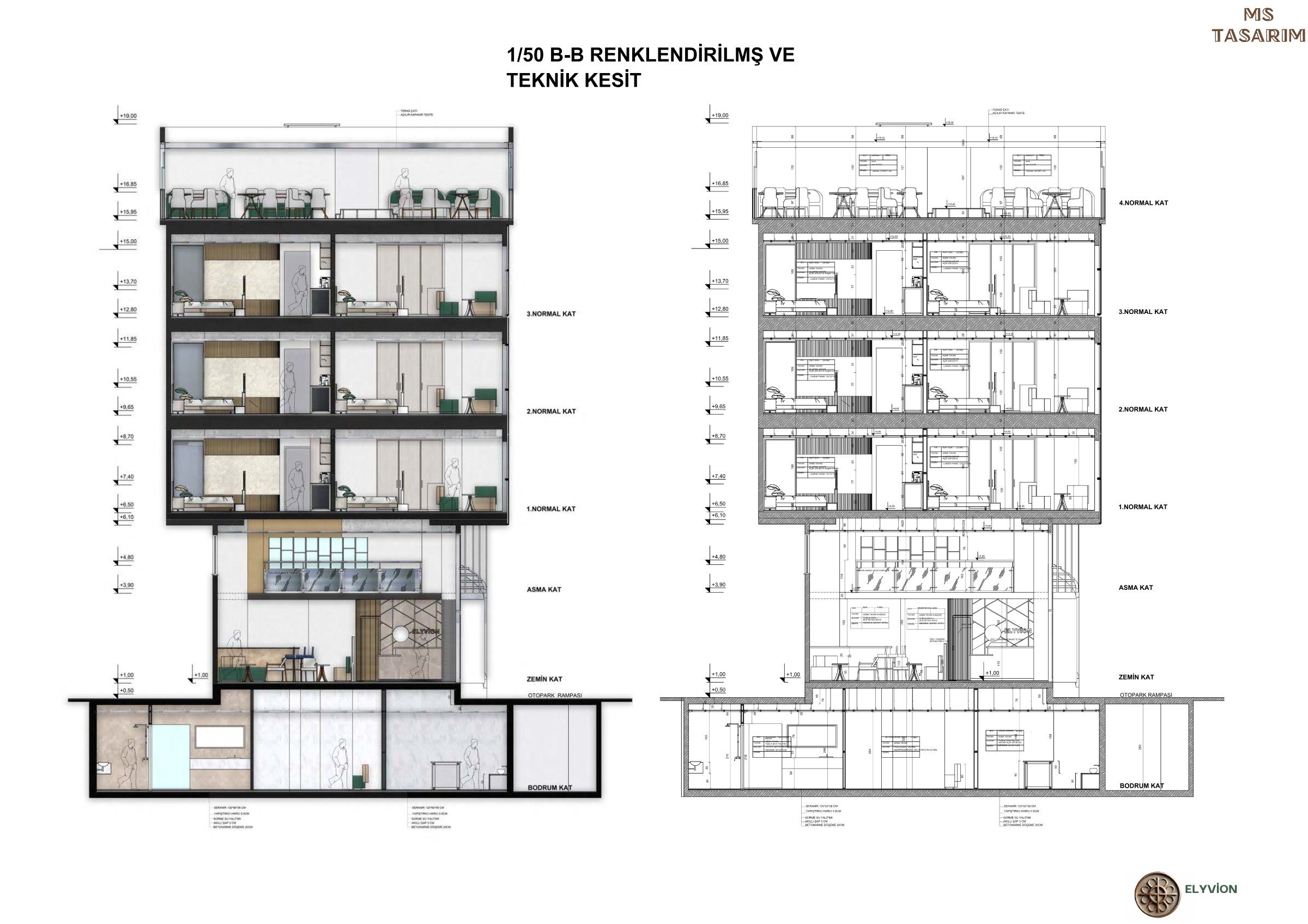 ELYVİON butik otelin bodrumdan teras çatıya renklendirilmiş ve teknik B-B kesiti, ölçek 1/50
